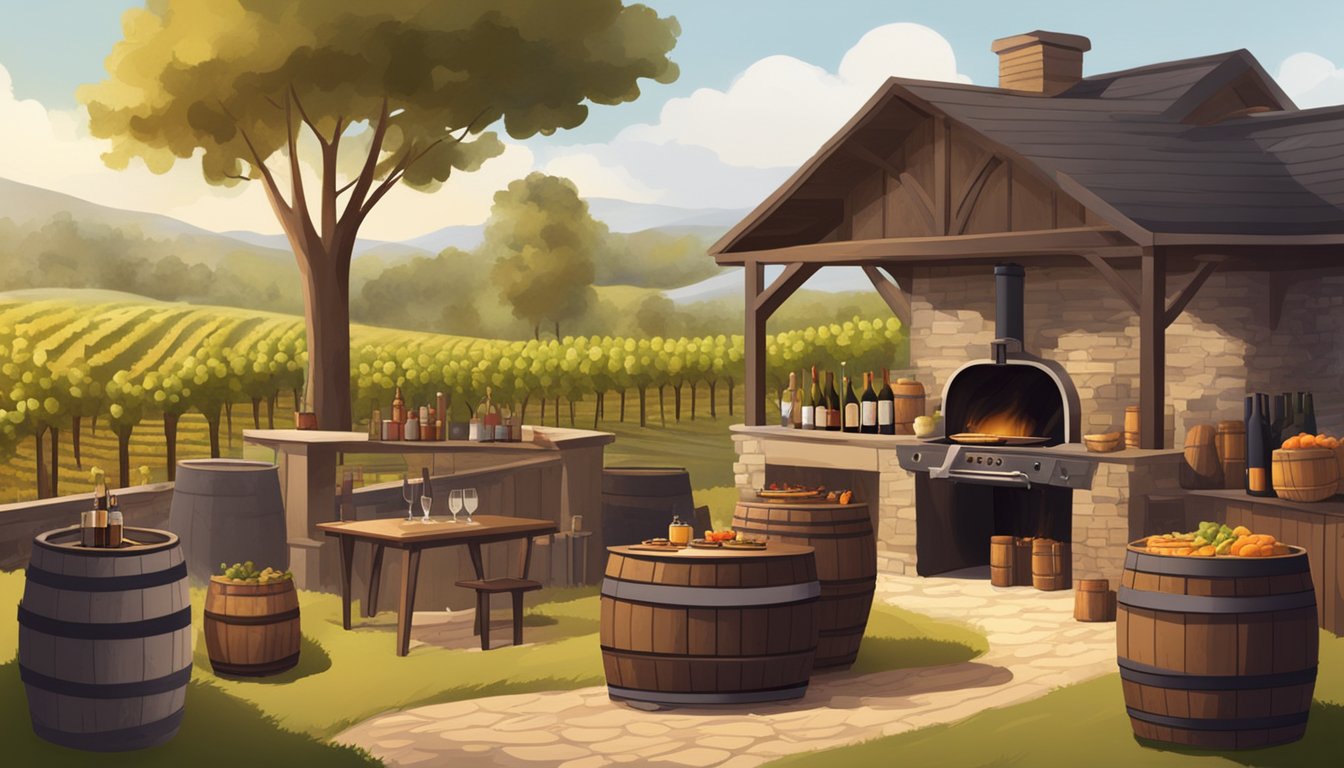 A rustic barbecue pit surrounded by vineyards, with wine barrels and bottles on display. Smoke rises from the grill as chefs prepare unexpected wine and BBQ pairings