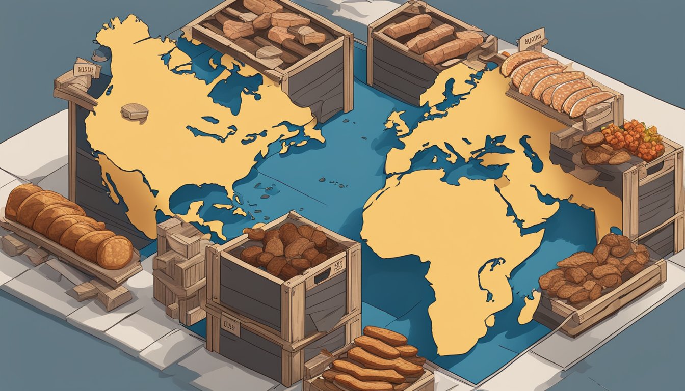 A smoky barbecue pit surrounded by crates of meat, with a map of the world in the background showcasing various international locations