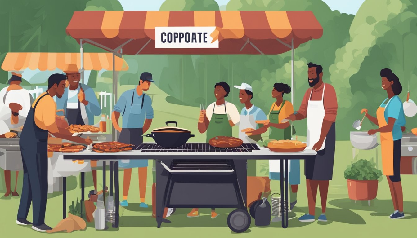 A group of people are gathered around a large outdoor grill, cooking various BBQ dishes. A banner with the words "Corporate BBQ Event" hangs nearby