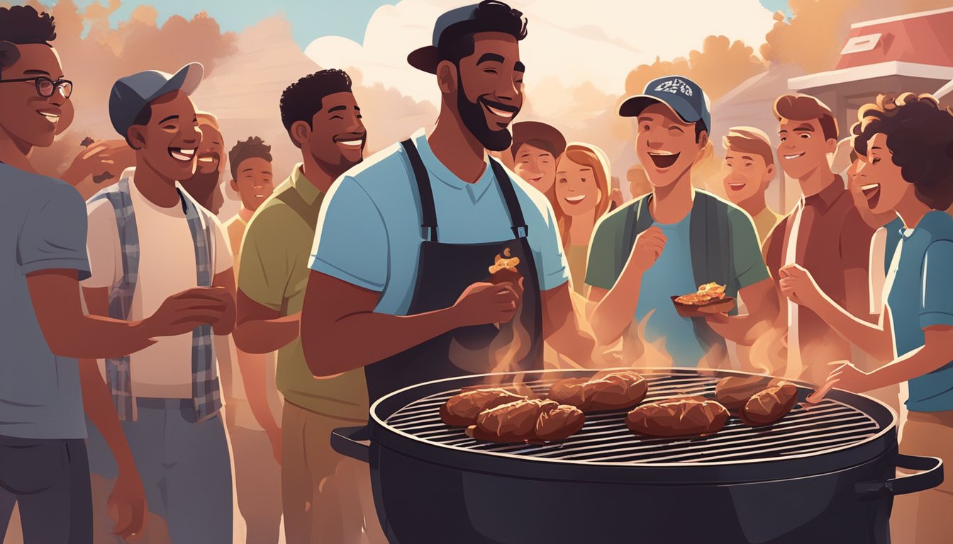 A group of people gather around a smoky barbecue pit, cheering on their favorite teams while enjoying the aroma of sizzling meat