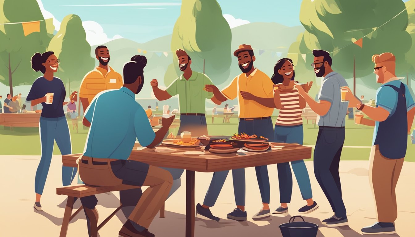 A group of coworkers play BBQ-themed games in a sunny outdoor setting, surrounded by picnic tables and grills. Laughter and teamwork fill the air