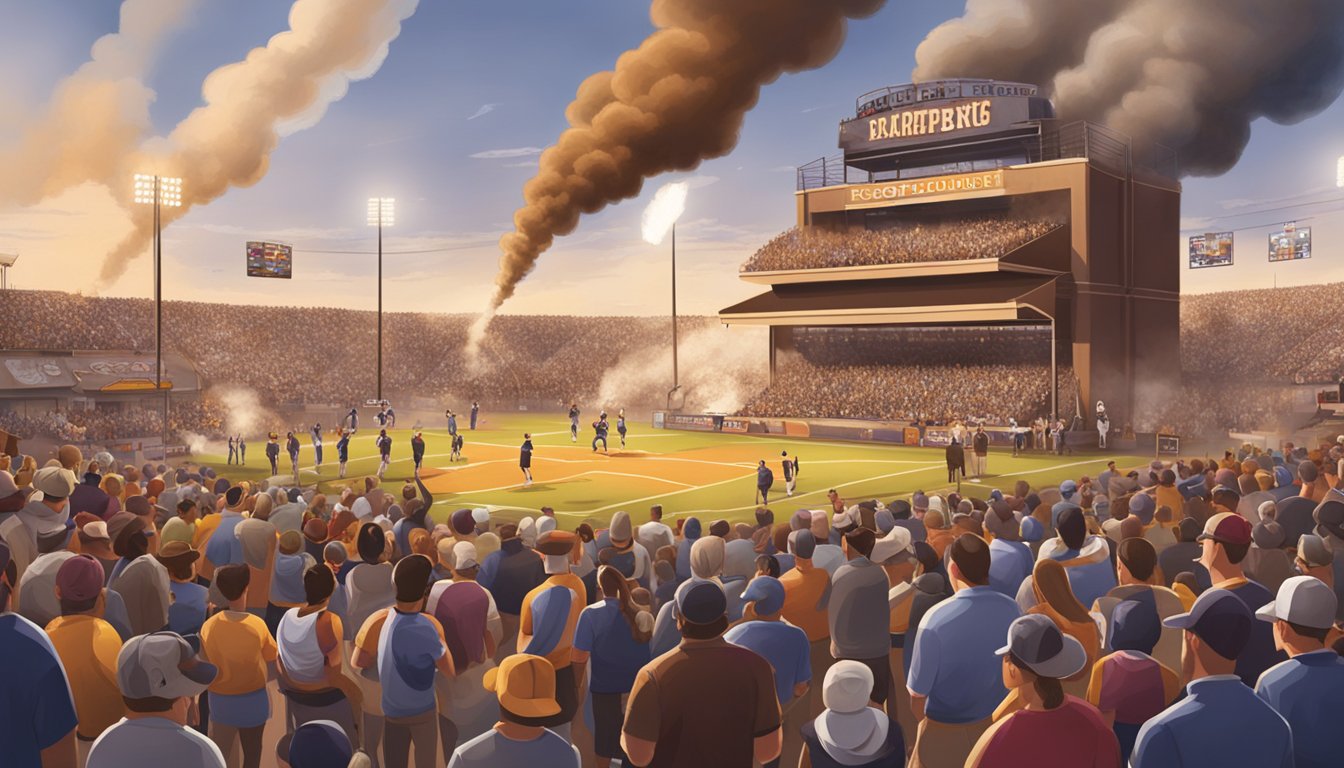 A smoky barbecue pit surrounded by sports memorabilia and fans cheering at a game in Lockhart, Texas