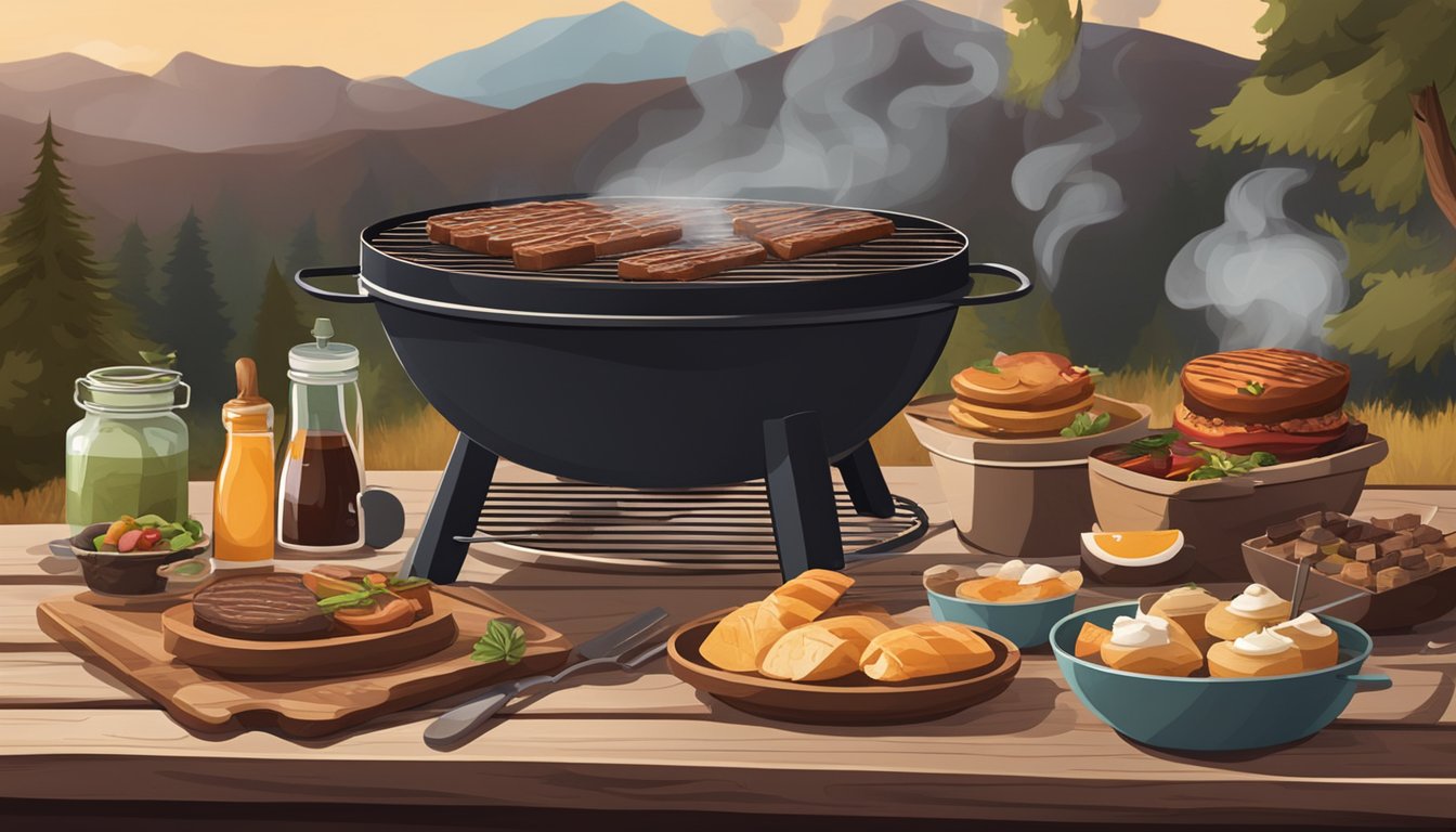 A rustic outdoor BBQ setting with a grill, wood smoke, and various dessert ingredients laid out on a wooden table