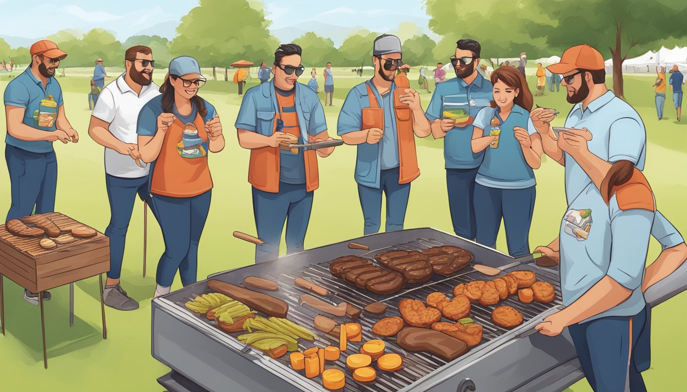 A group of people engage in BBQ-themed team building activities in a park in Lockhart, with team competitions and games organized by the event staff