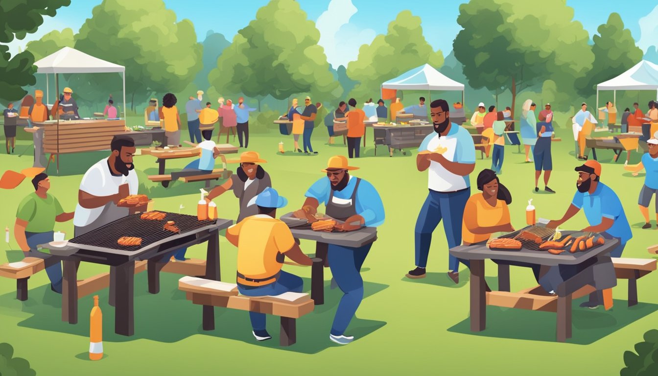 A group of people playing BBQ-themed games in a park with grills, picnic tables, and team-building activities