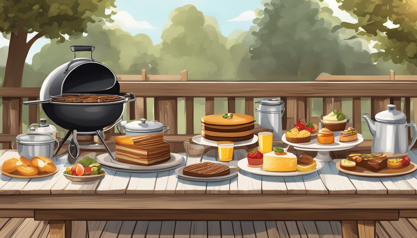 A rustic outdoor table set with BBQ-inspired desserts and brunch items, surrounded by smoky grills and wooden picnic benches