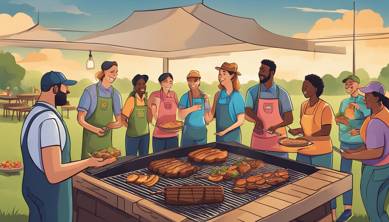 A group of people participate in BBQ-themed team building activities at a summertime BBQ party in Lockhart. They engage in grilling competitions and teamwork challenges