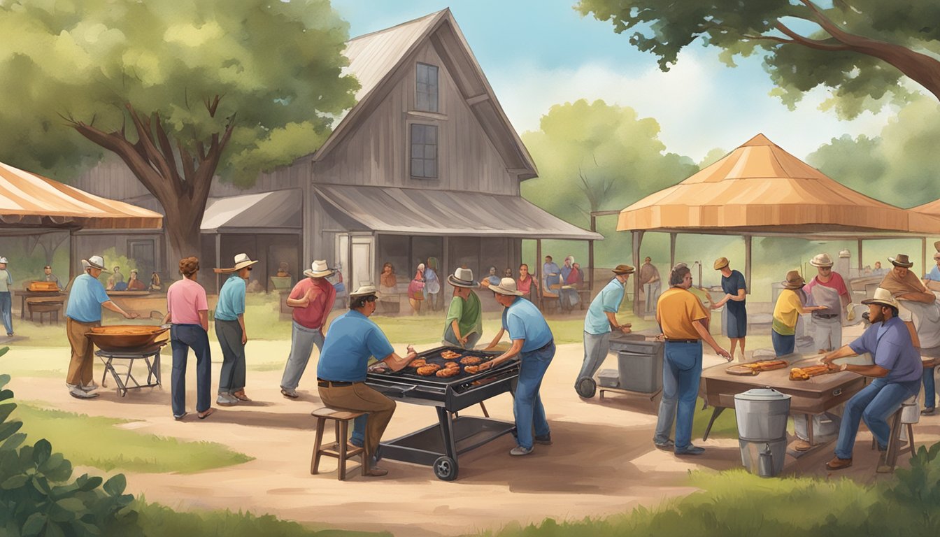 A group of people participate in BBQ-themed team building activities in a picturesque outdoor setting in Lockhart, Texas