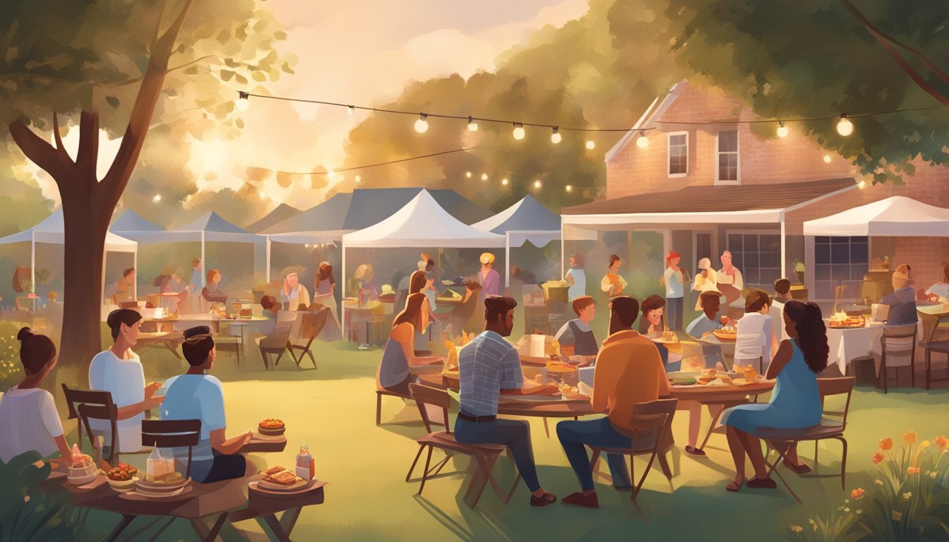 A backyard BBQ gathering with tables of smoky-sweet desserts, surrounded by friends enjoying the warm evening. The air is filled with the scent of grilled meats and sweet treats