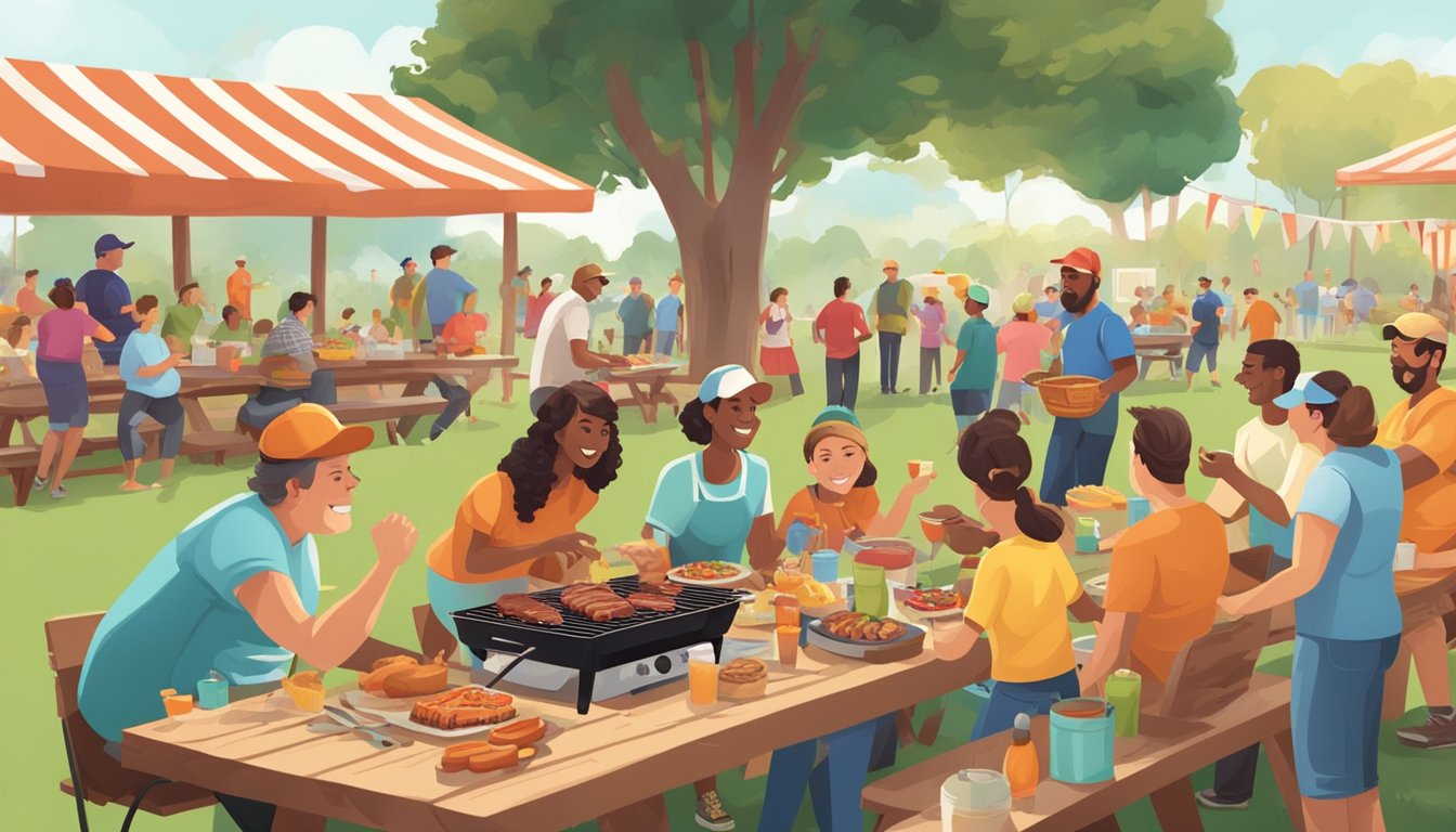 A lively BBQ cook-off at a local sports event, with families and friends gathered around picnic tables, enjoying the food and camaraderie