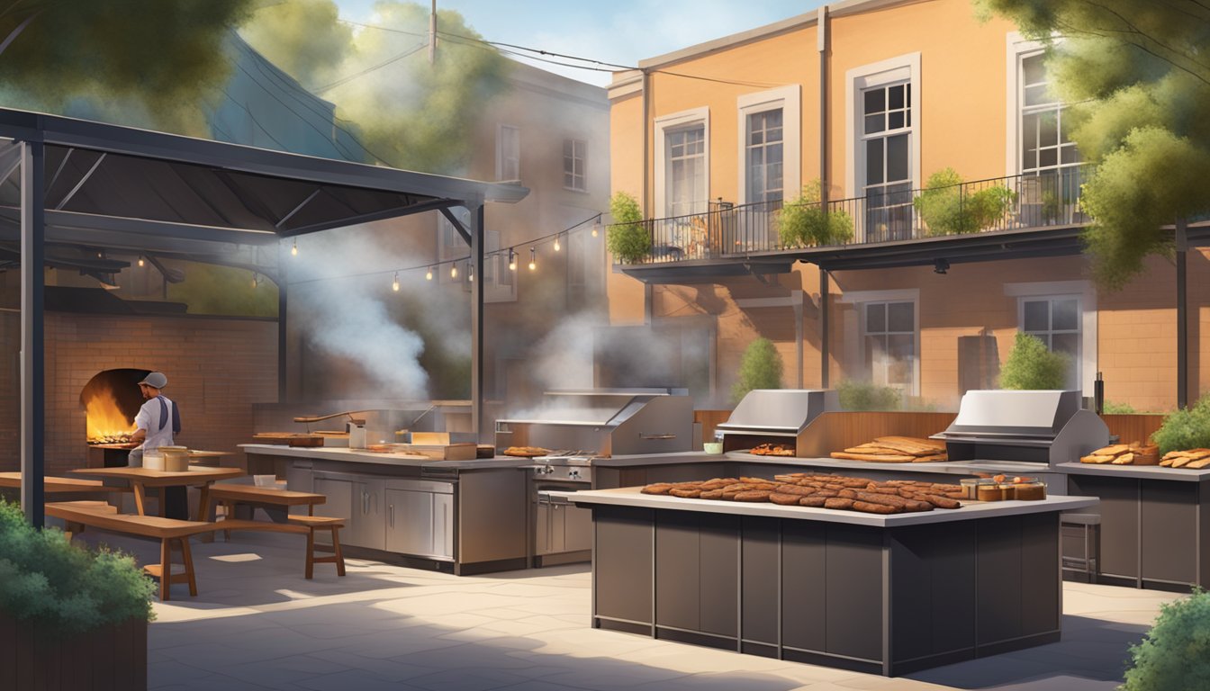 A modern barbecue pit surrounded by traditional wood smoke pits in a bustling Lockhart street, with technology integrated into the cooking process