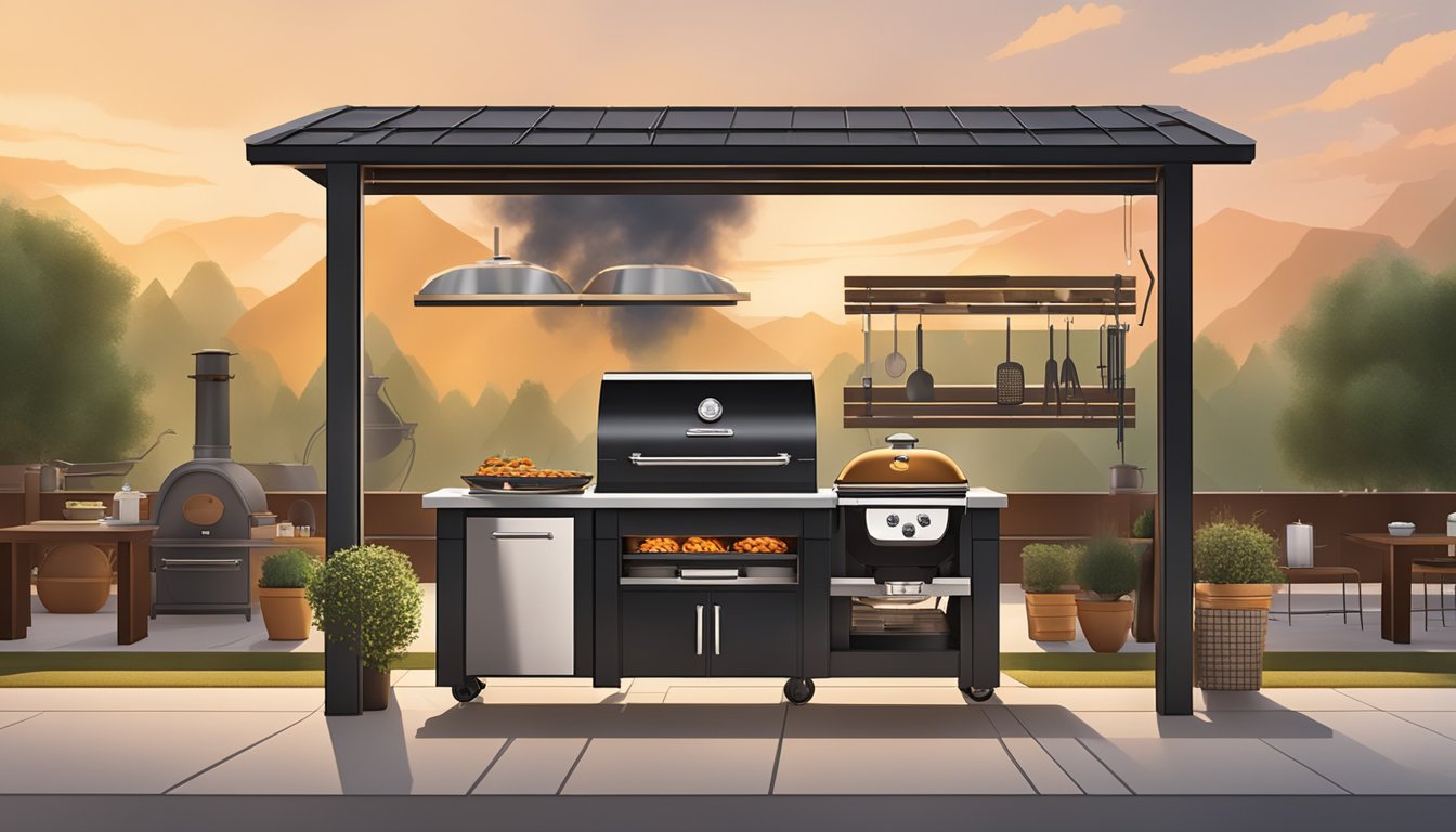 A sleek, modern BBQ grill with integrated digital temperature controls and LED lighting, surrounded by a backdrop of traditional Texas BBQ smokehouses