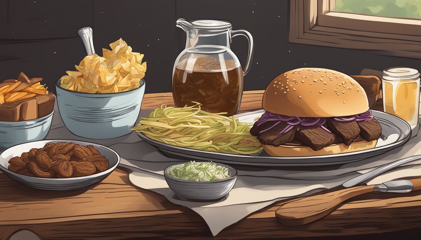 A rustic wooden table with a platter of BBQ essentials: smoky brisket, tangy coleslaw, and a fluffy brioche bun