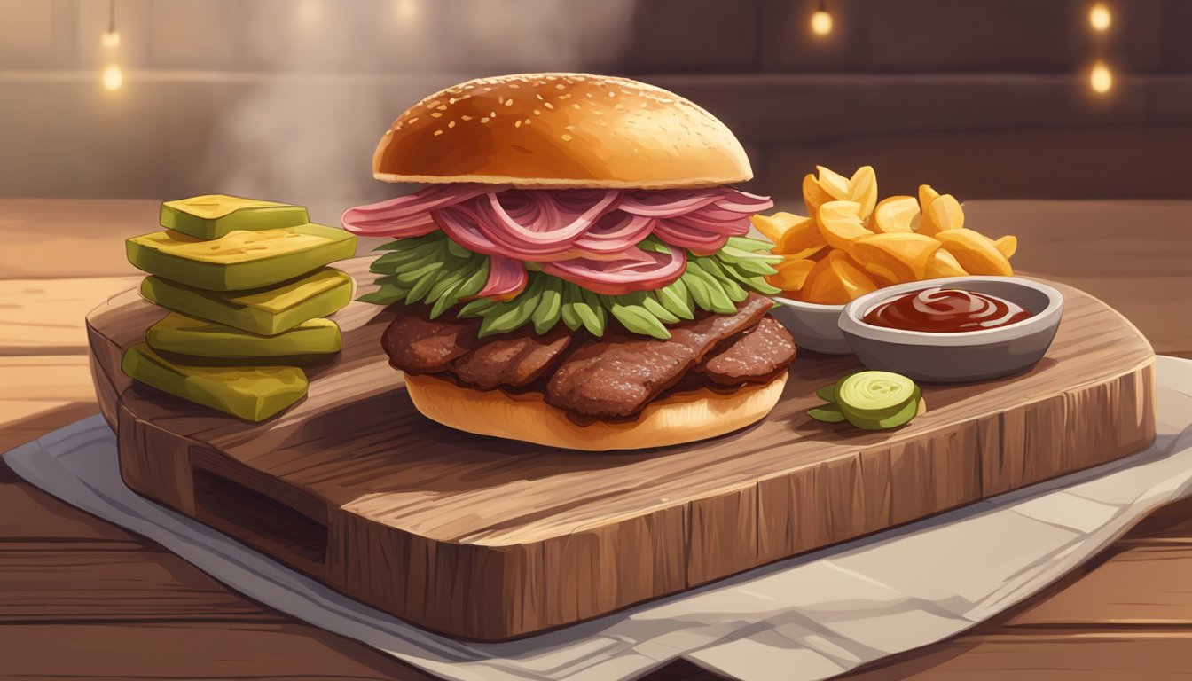 A succulent BBQ sandwich with juicy smoked meat, tangy barbecue sauce, crisp pickles, and fluffy brioche bun, served on a rustic wooden board