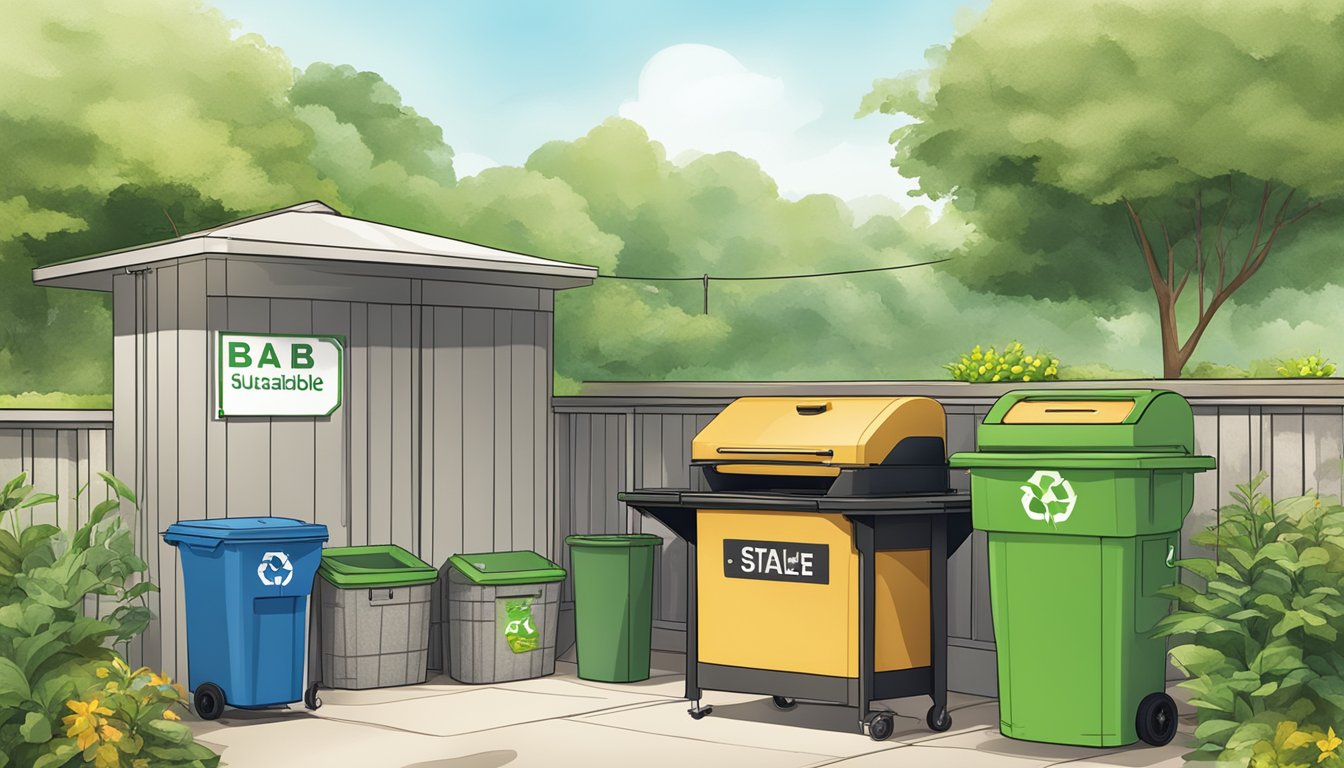 A BBQ waste station with separate bins for recycling, compost, and landfill waste, surrounded by greenery and a sign promoting sustainable practices