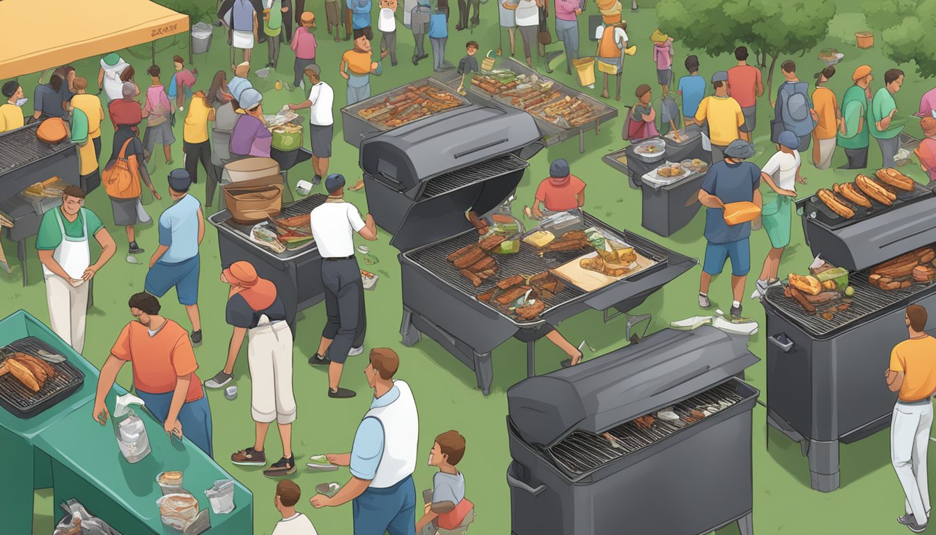 A bustling BBQ event with overflowing trash bins and a lack of recycling options