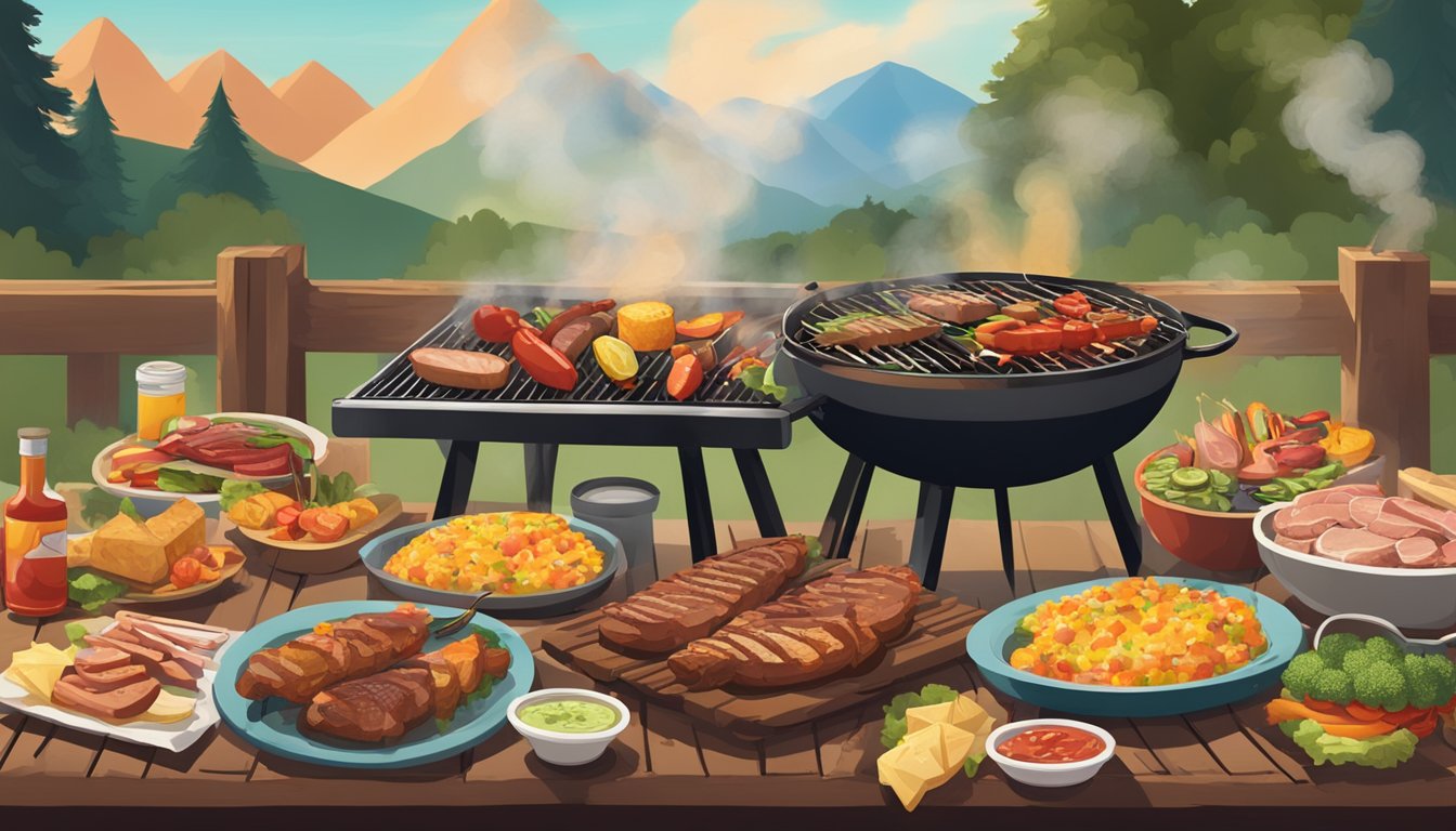 A bustling outdoor BBQ event with smoke billowing from grills, a variety of meats sizzling, and a colorful array of condiments and toppings displayed on a rustic wooden table