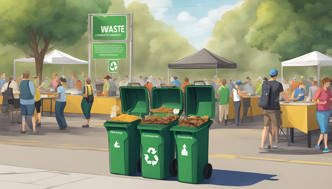 A bustling BBQ event with waste bins labeled for recycling and compost, while a sign displays waste management policies and regulations