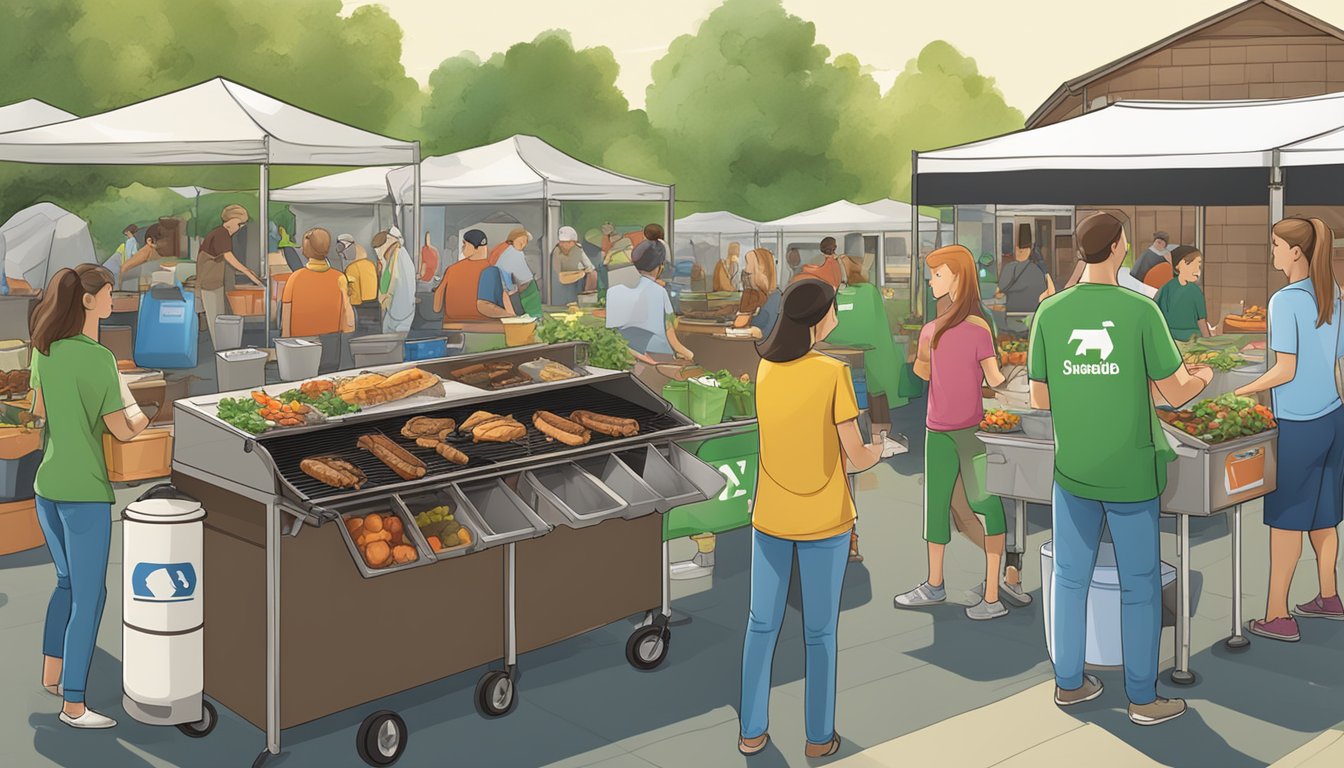 A bustling BBQ event with separate waste bins for recycling, compost, and landfill, with clear signage and educational displays on sustainable practices