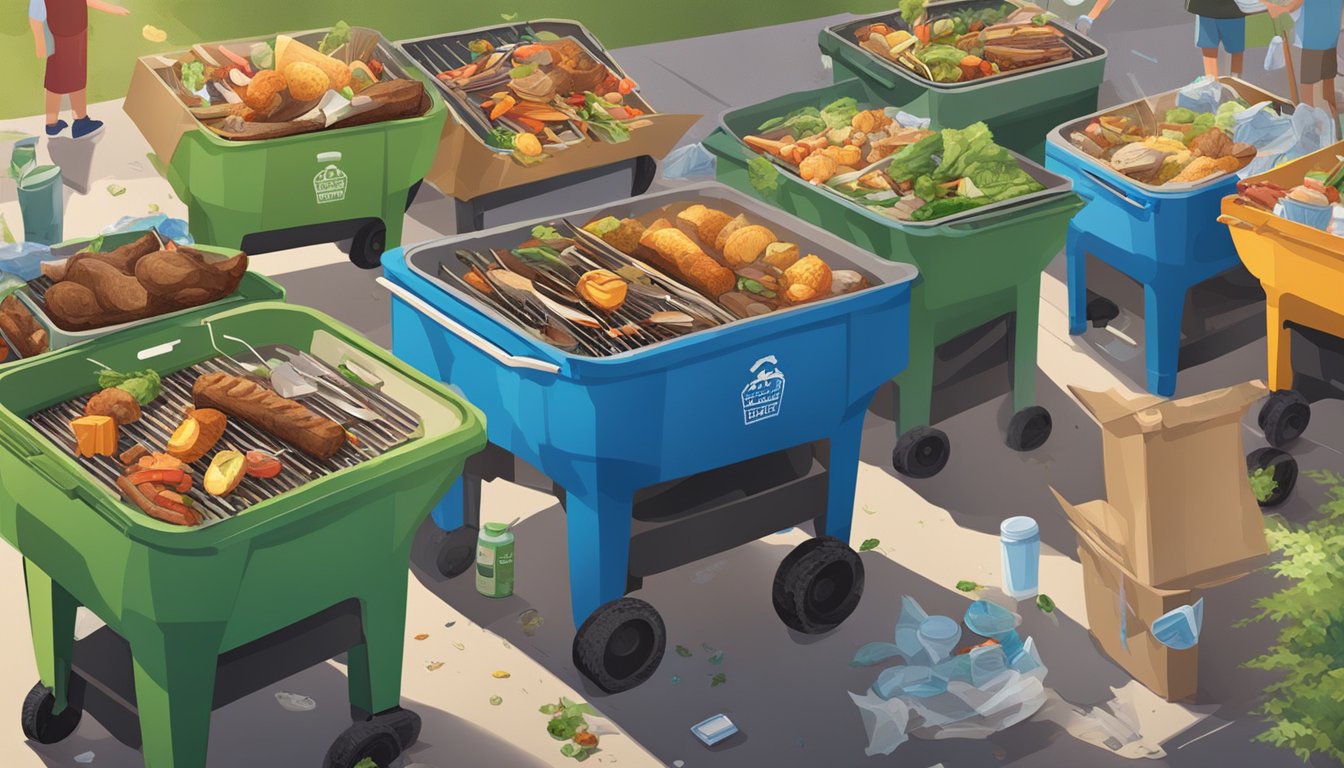 A bustling BBQ event with overflowing trash bins, plastic utensils, and food waste scattered around. A lack of recycling bins and composting options highlight the challenges of waste management