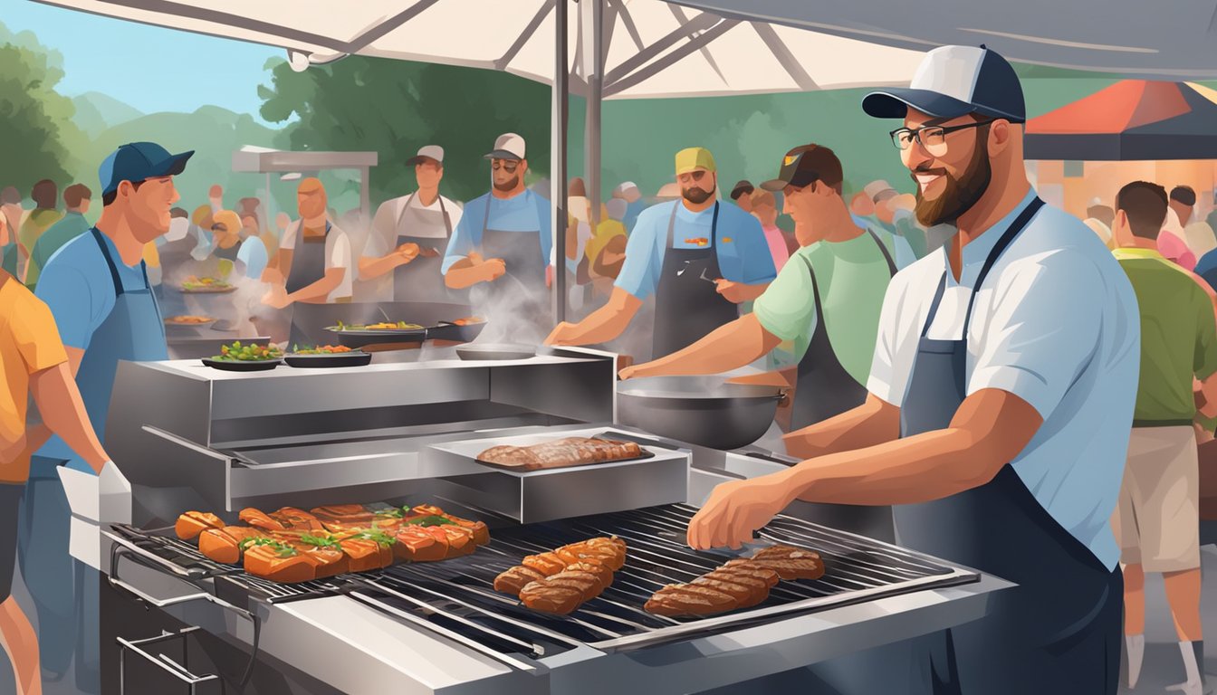 A modern BBQ pitmaster uses high-tech grills and smokers in a bustling outdoor cook-off competition