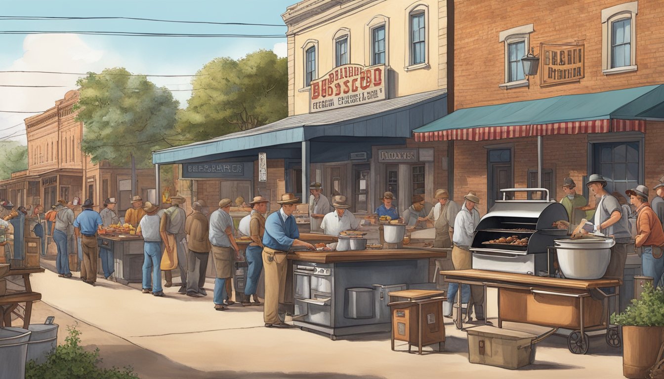 A bustling film set in Lockhart, Texas features a barbecue catering station, highlighting the town's historical significance of BBQ in the film industry