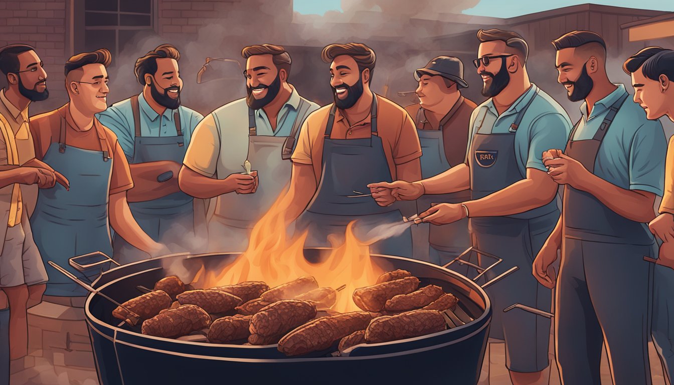 A group of BBQ influencers gather around a smoky pit, capturing the sizzle and aroma of Lockhart's famous BBQ for their social media followers