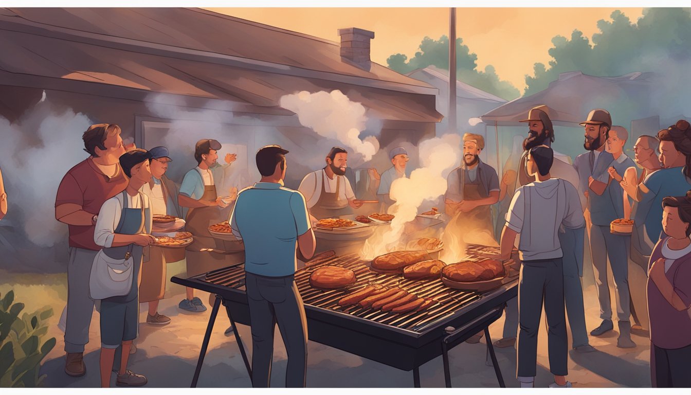 A group of people gather around a smoky BBQ pit, exchanging ideas and stories, while the aroma of sizzling meat fills the air