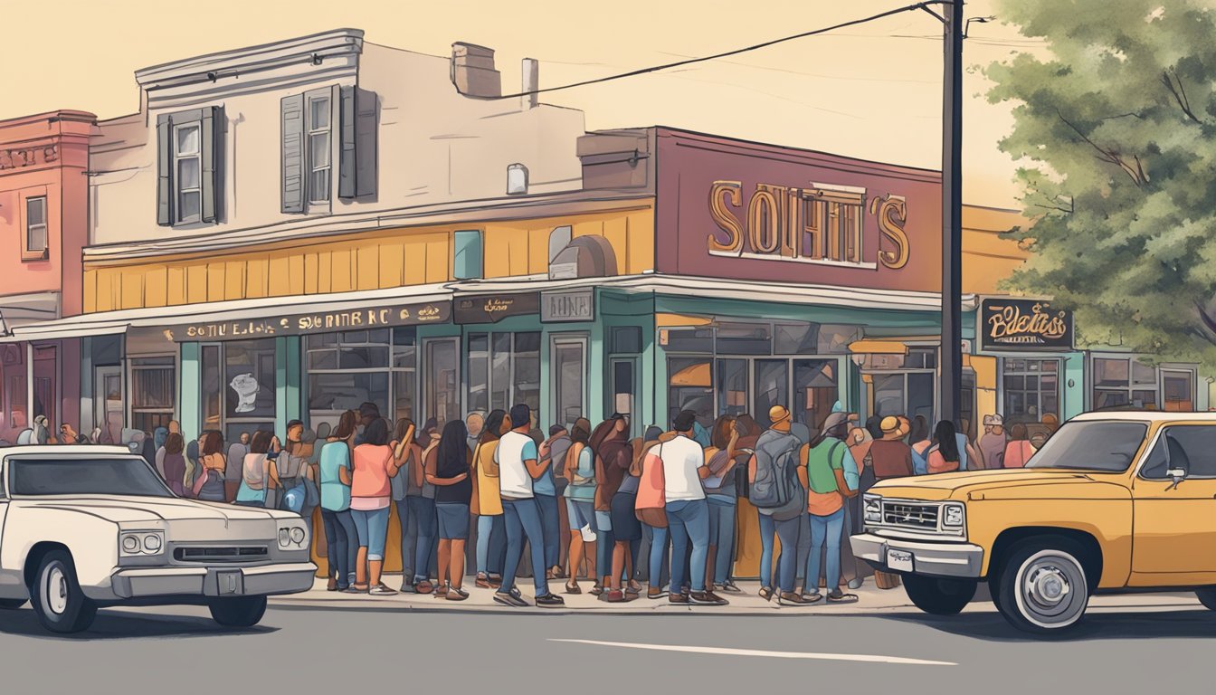 A bustling South Texas street with a line of people outside Lockhart's BBQ, while social media influencers capture the scene on their phones