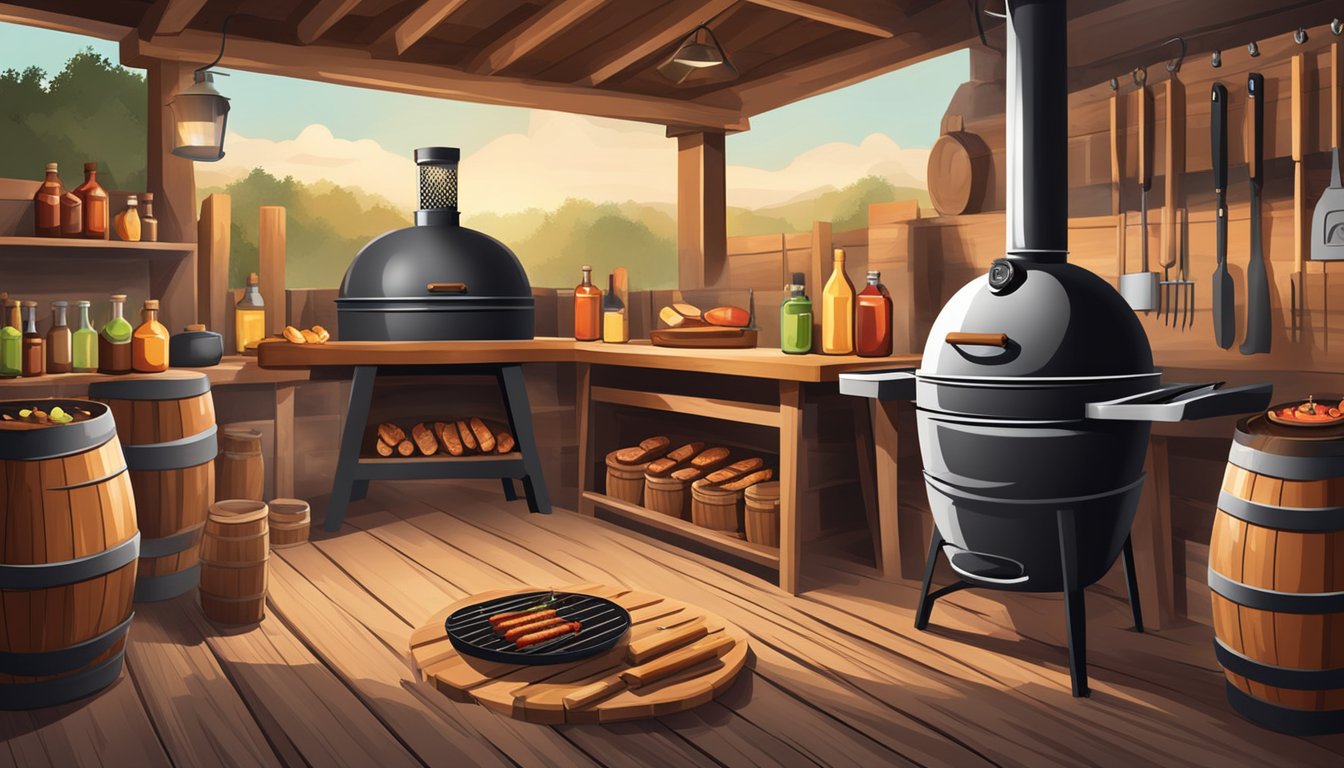 A rustic BBQ pit surrounded by wood barrels, sauce bottles, and grilling tools, with a smoky aroma filling the room