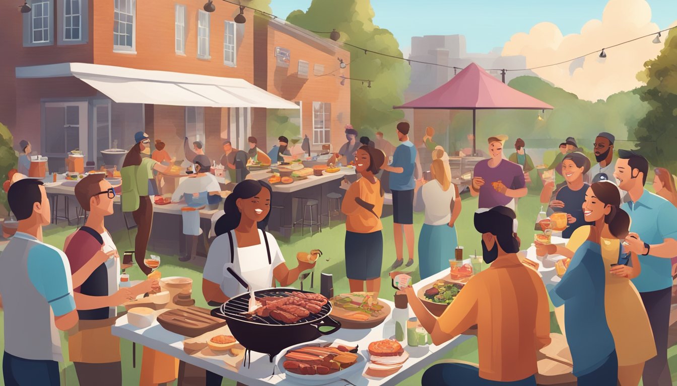 A bustling outdoor BBQ event with social media influencers mingling, sampling food, and capturing content for their platforms. The aroma of smoked meats fills the air as guests enjoy the lively atmosphere