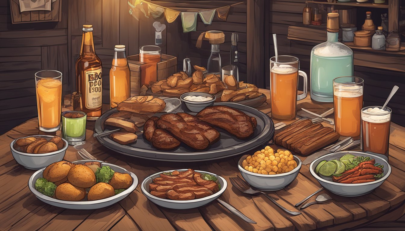 A table set with a spread of BBQ food and drinks, surrounded by rustic decor and themed props for an immersive escape room experience in Lockhart