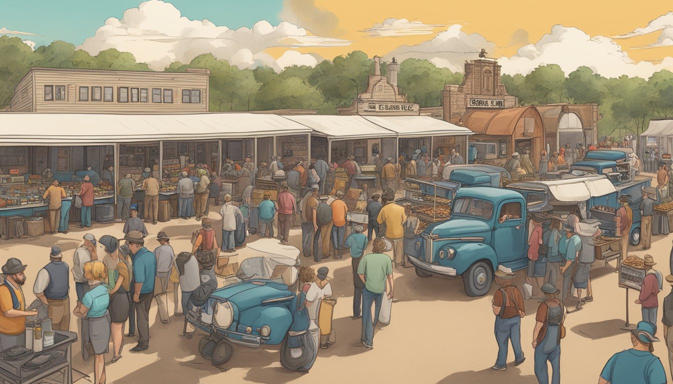 A bustling movie set with BBQ catering trucks lined up, surrounded by film crew and actors, showcasing the role of BBQ in Lockhart's film industry