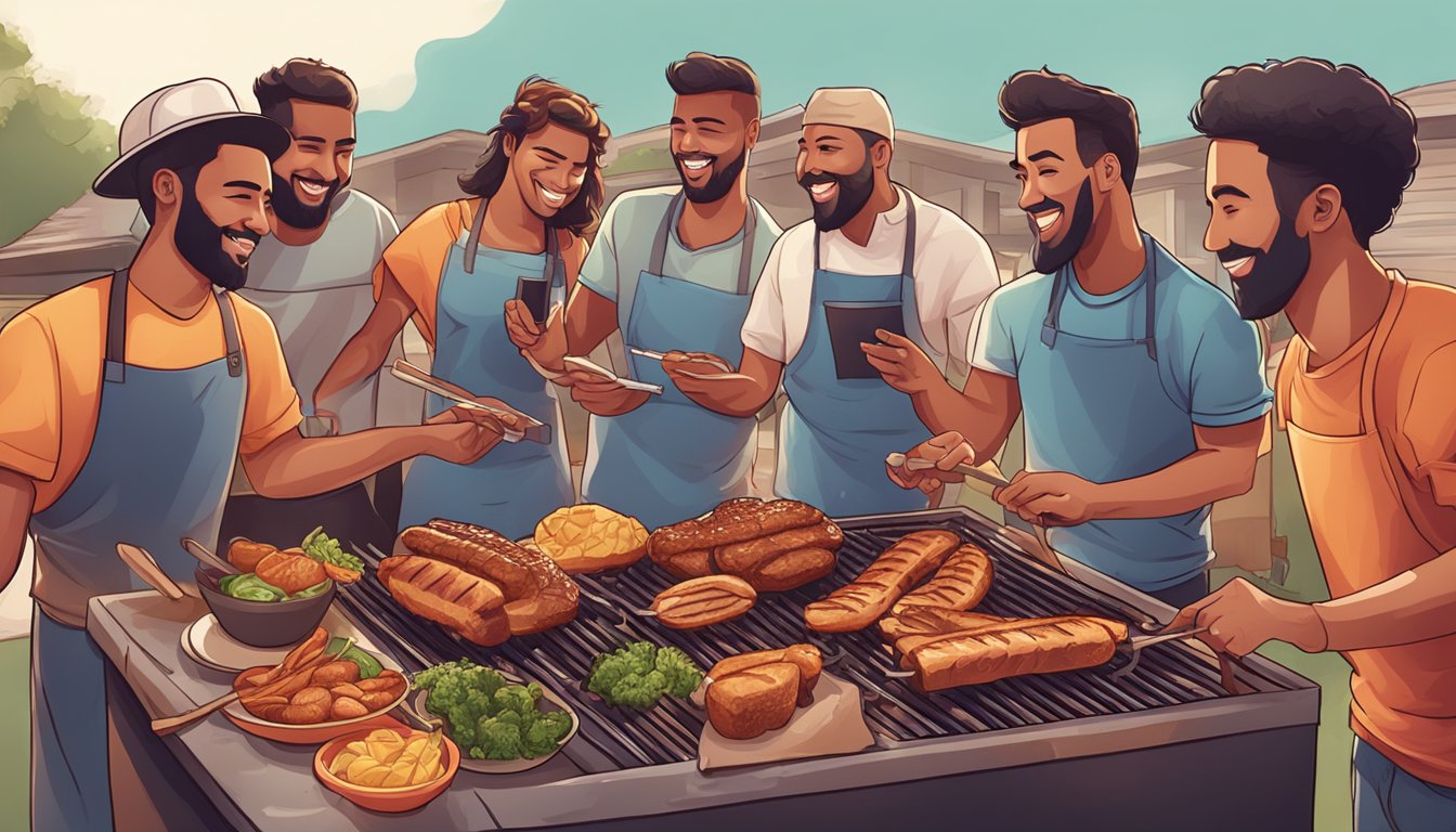 A group of social media influencers gather around a sizzling BBQ pit, capturing the smoky aromas and mouthwatering dishes to share with their followers