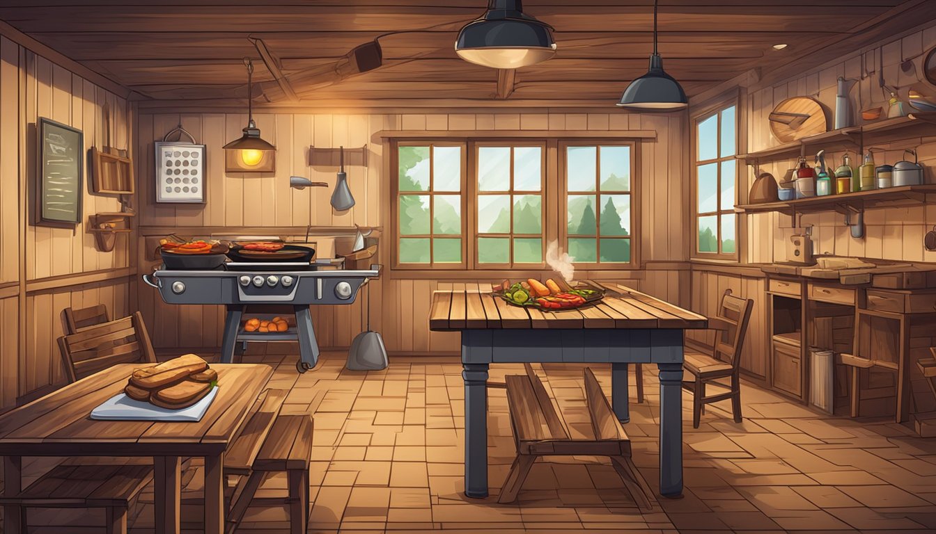 A rustic BBQ-themed escape room with wooden tables, checkered tablecloths, and grilling equipment