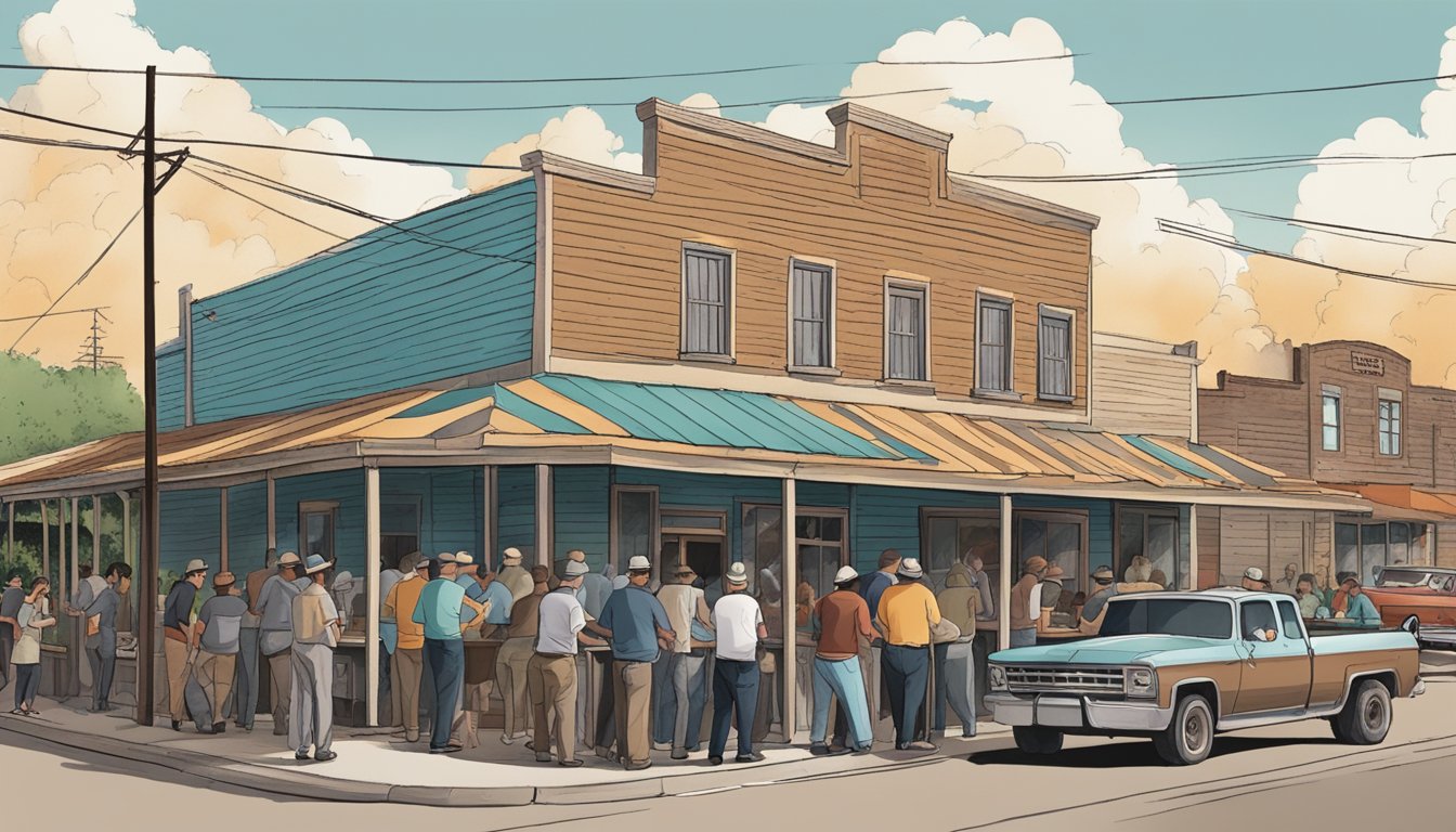 A bustling barbecue joint in Lockhart, Texas, with smoke billowing from the pits and a line of eager customers out the door