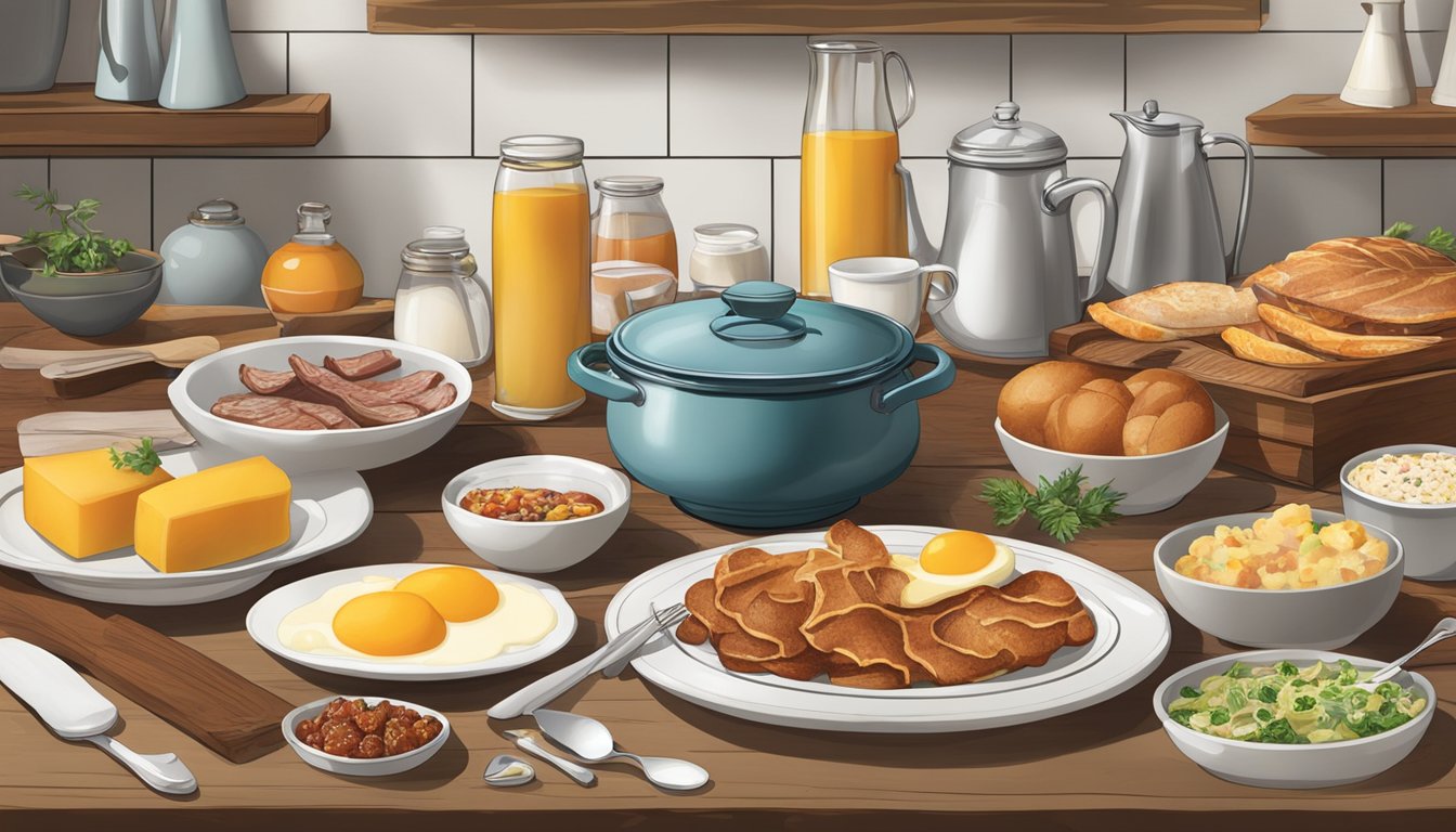 A rustic kitchen counter displays a spread of breakfast items, including leftover meats and bones being repurposed into creative dishes