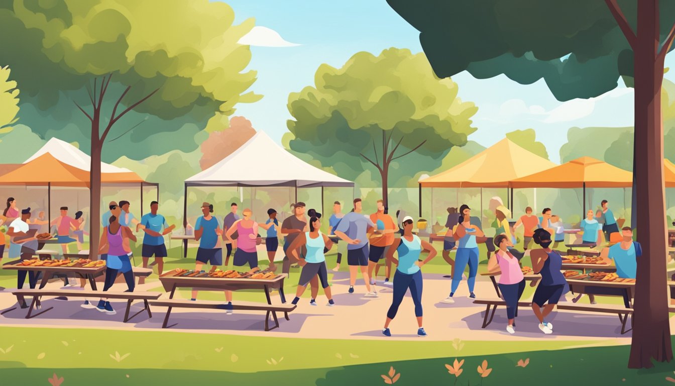 A group of people in a park, surrounded by BBQ grills and picnic tables, participating in a fitness class with a BBQ-inspired theme