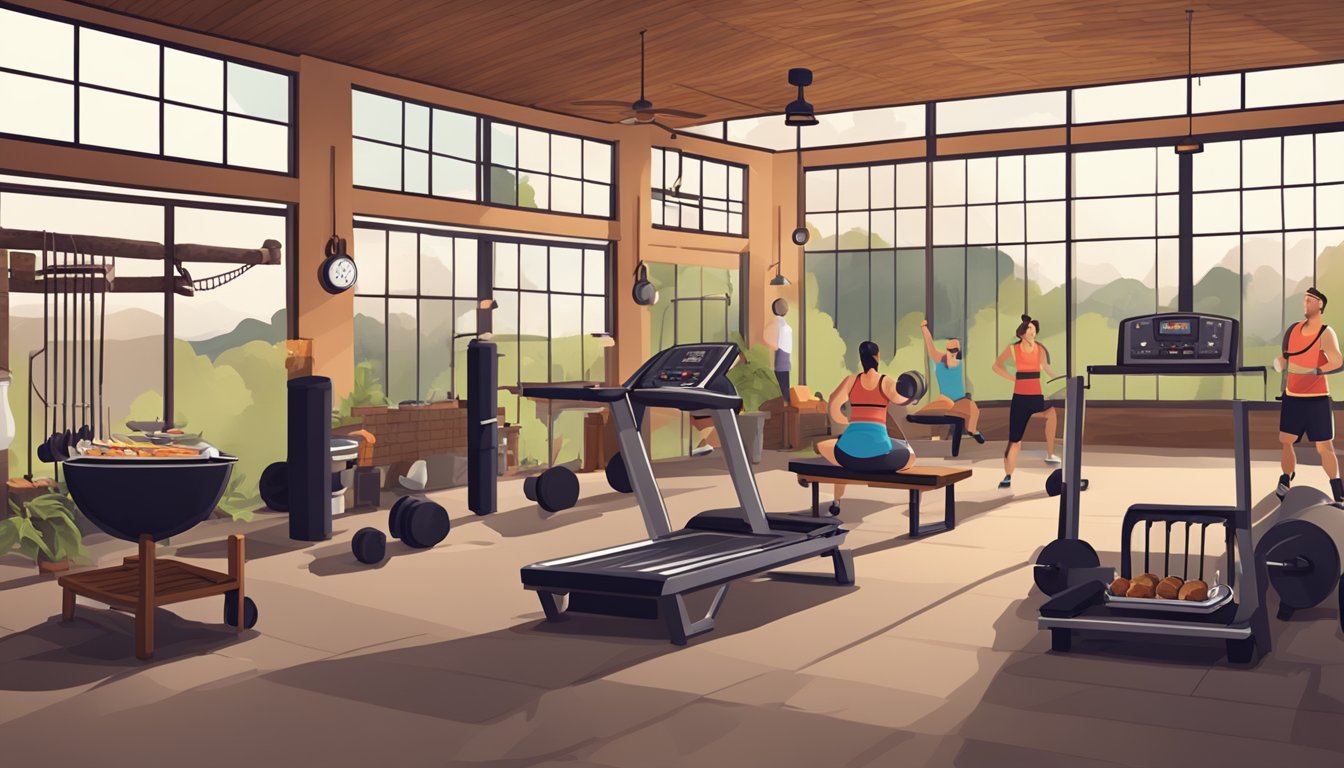 A fitness class set in a BBQ-inspired environment with grill, smoke, weights, and brisket-themed workout stations