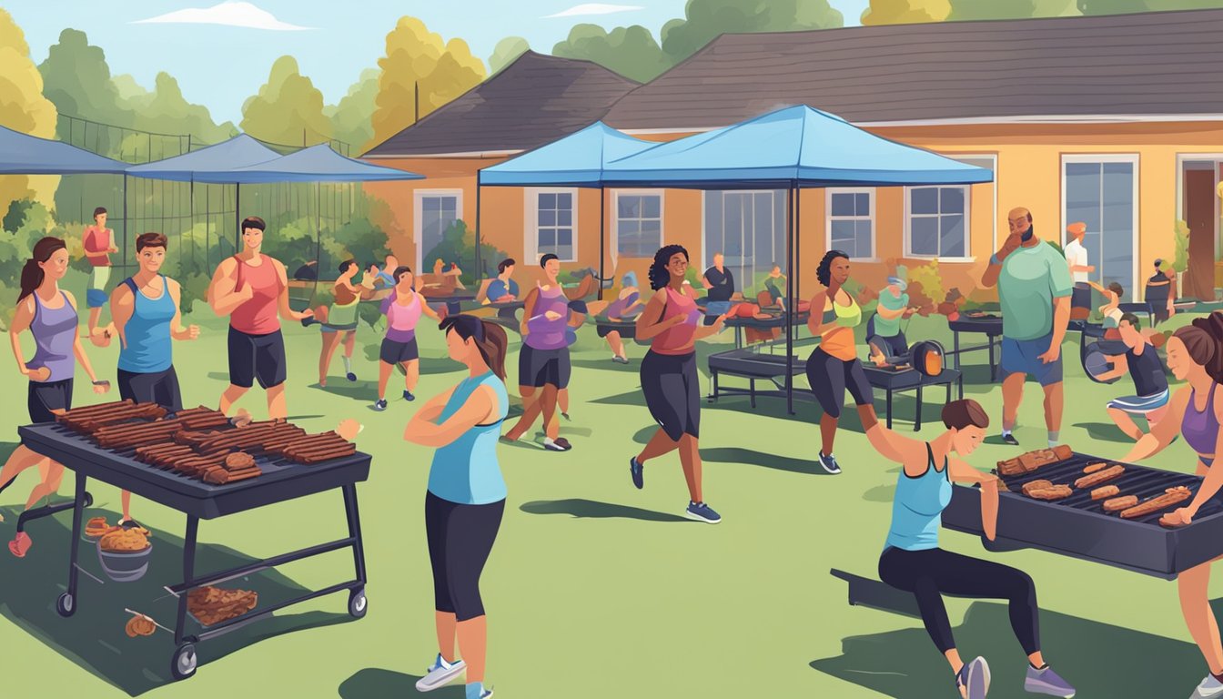 A group of people in a fitness class outdoors, surrounded by BBQ grills and the scent of smoked meat, exercising with BBQ-inspired workout equipment