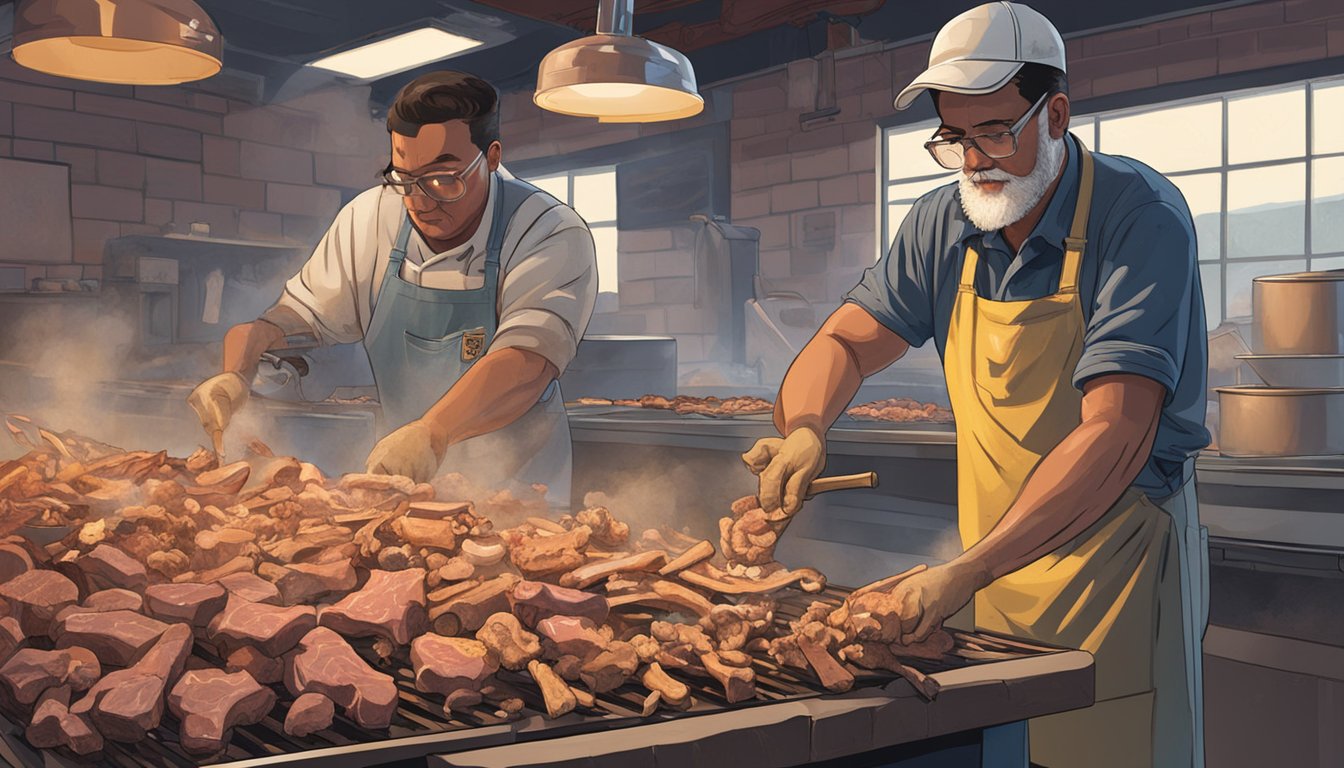 A pile of BBQ bones and leftover meats are being transformed into new products at Lockhart's BBQ Aftermarket. A worker grinds the bones while another mixes the meat for repurposing