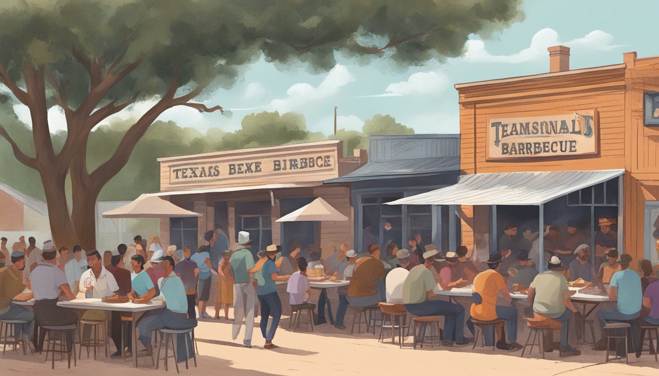 A bustling barbecue joint in Lockhart, Texas, with smoke billowing from the pit and a diverse crowd enjoying the aroma and flavors of traditional Texas barbecue