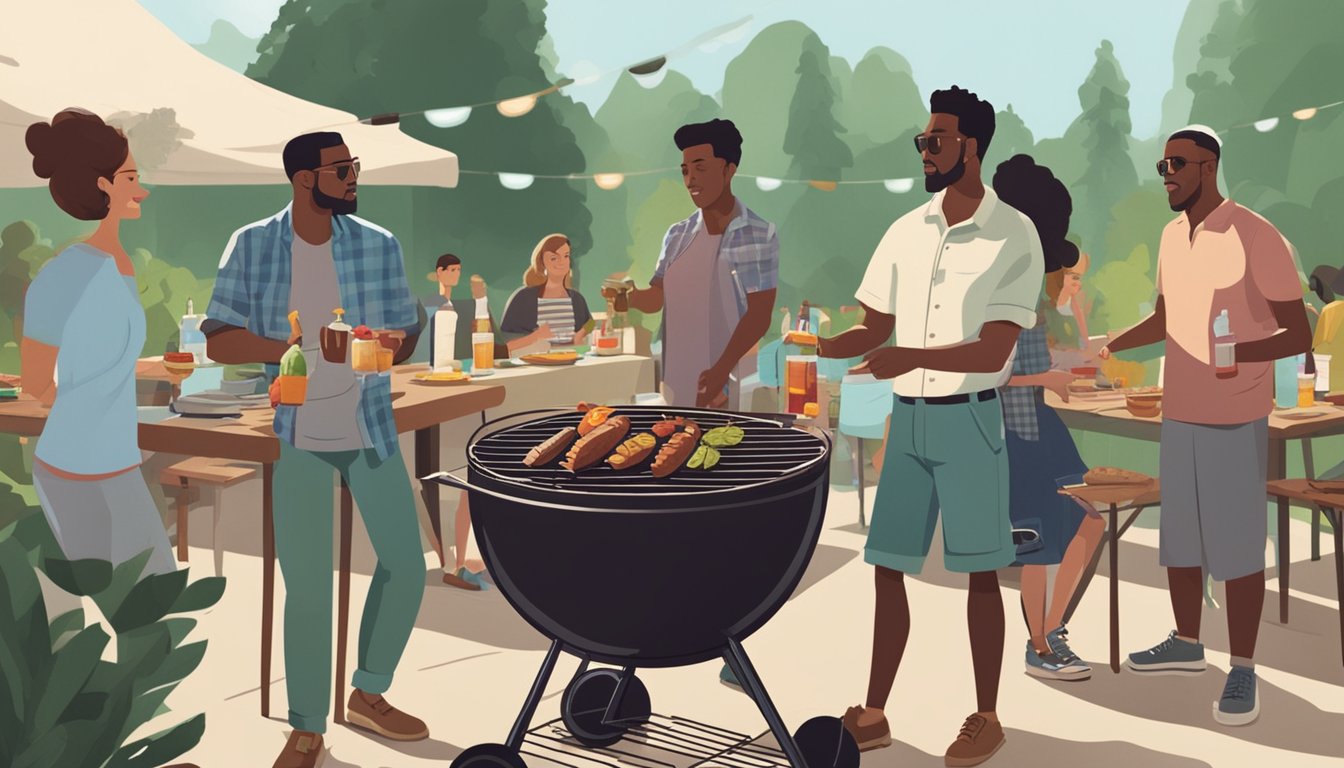 A backyard barbecue with smoke billowing from the grill, a table set with various sauces, and people mingling with drinks in hand