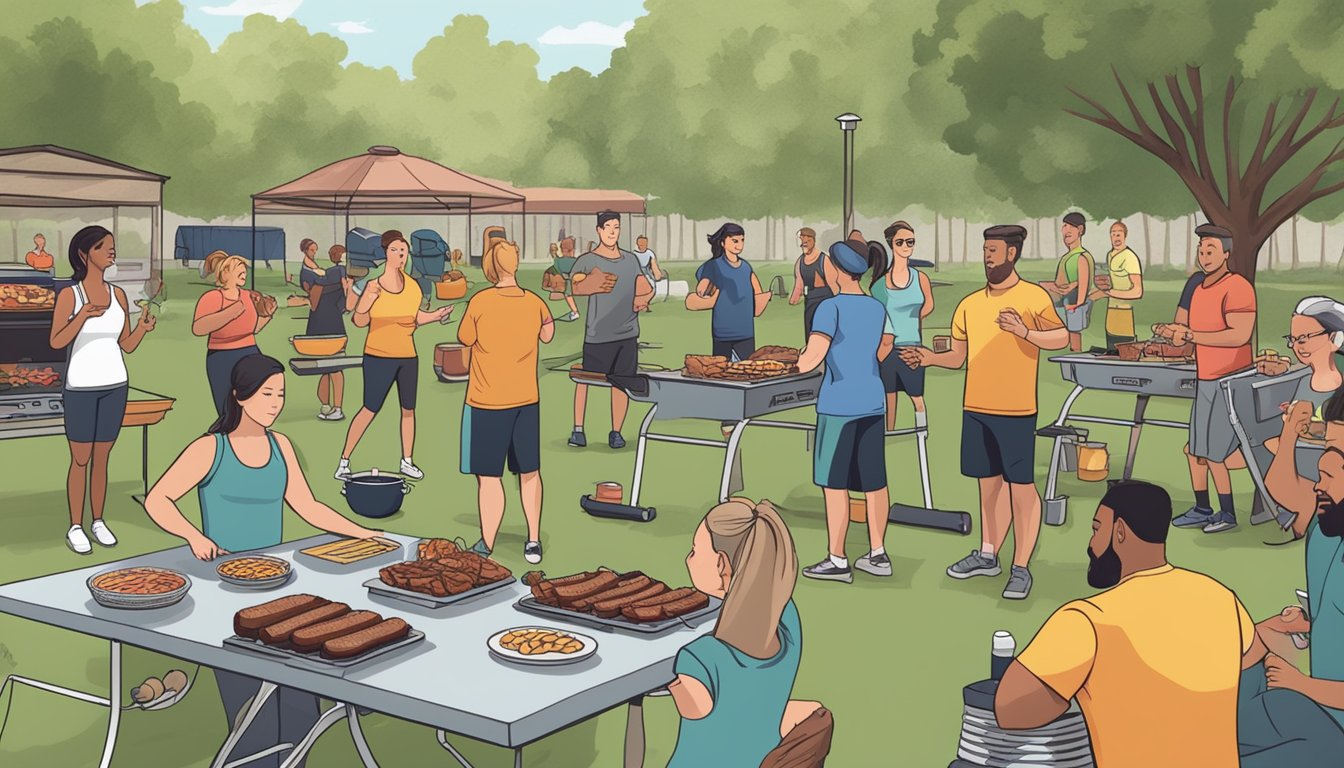 A group of people participate in a BBQ-inspired fitness class outdoors in Lockhart, surrounded by grills and picnic tables. The instructor leads the group in exercises while the smell of BBQ fills the air