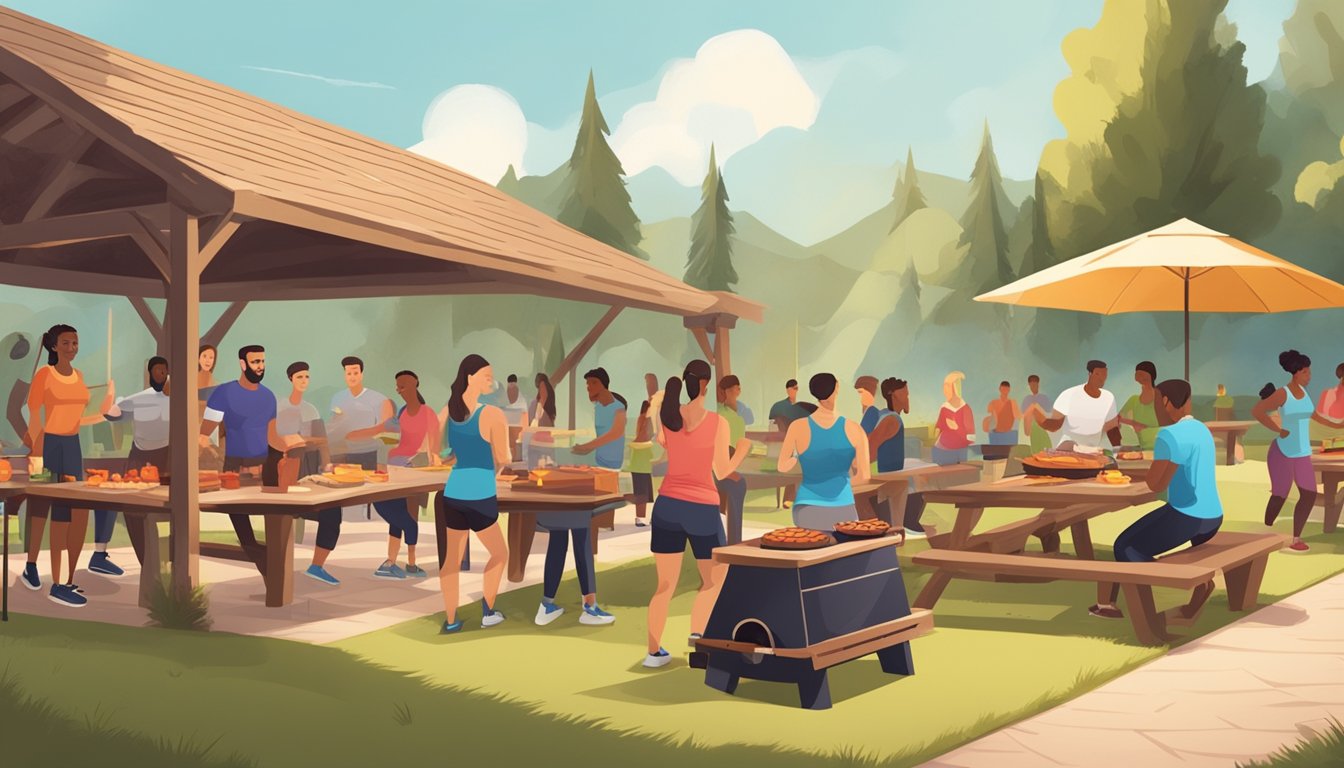 A group of people are participating in a BBQ-inspired fitness class in a rustic outdoor setting, with a barbecue grill, picnic tables, and fitness equipment