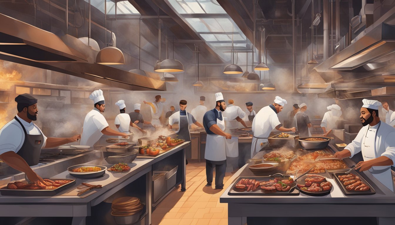 A bustling BBQ restaurant with chefs repurposing leftover meats and bones in a lively, industrial kitchen. Smoky aromas fill the air as diners enjoy a unique dining experience