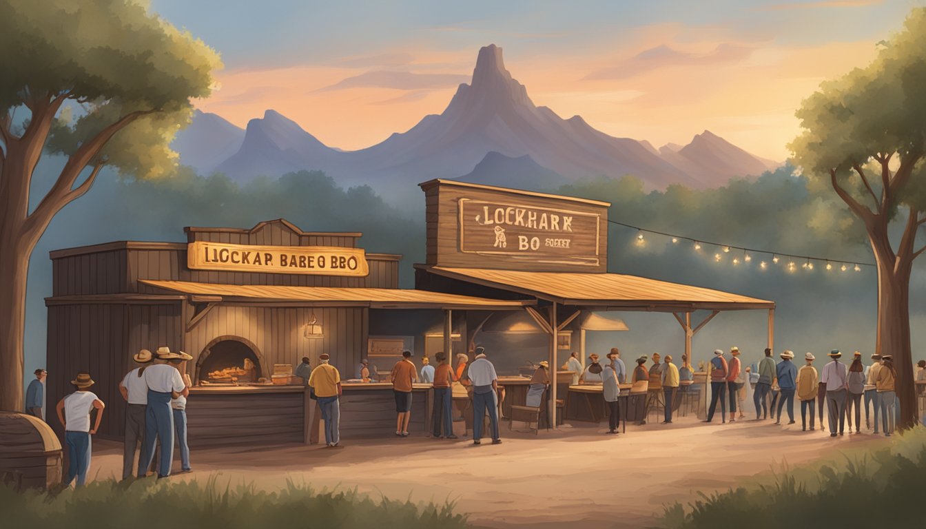 A smoky barbecue pit surrounded by rustic Texas scenery, with a sign reading "Lockhart BBQ" and a line of eager customers waiting to indulge