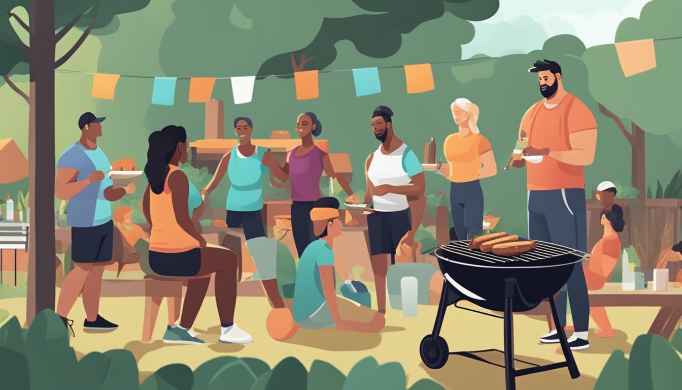 A group of people are gathered around a BBQ pit, grilling brisket and enjoying a post-workout recovery session in a fitness class setting