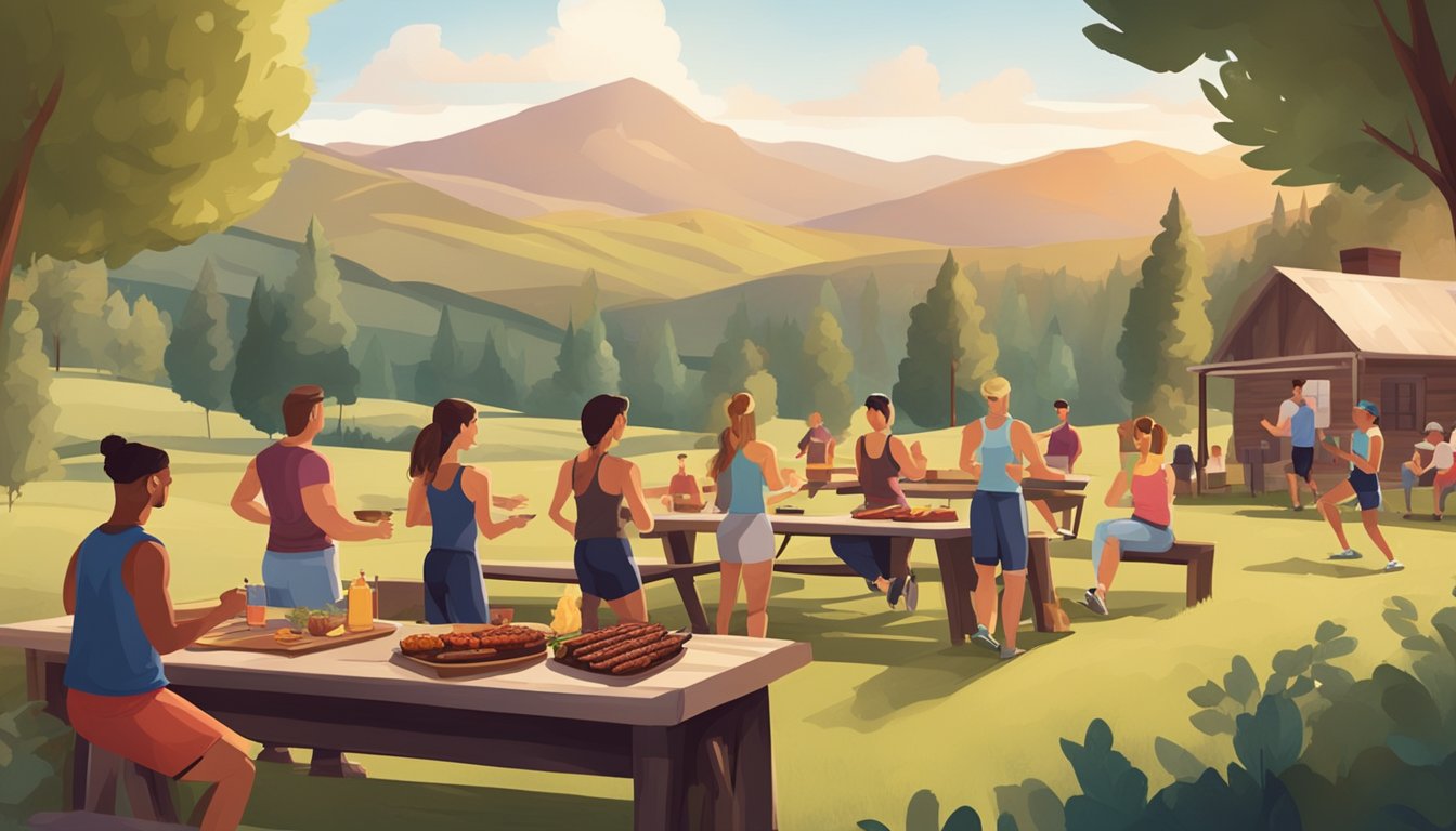 A group of people participate in BBQ-inspired fitness classes outdoors, surrounded by a picturesque setting of rolling hills and a rustic BBQ pit