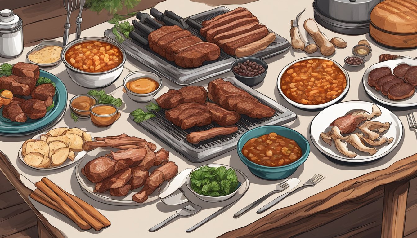 A table with various BBQ meats and bones, surrounded by different ingredients and utensils for repurposing leftovers